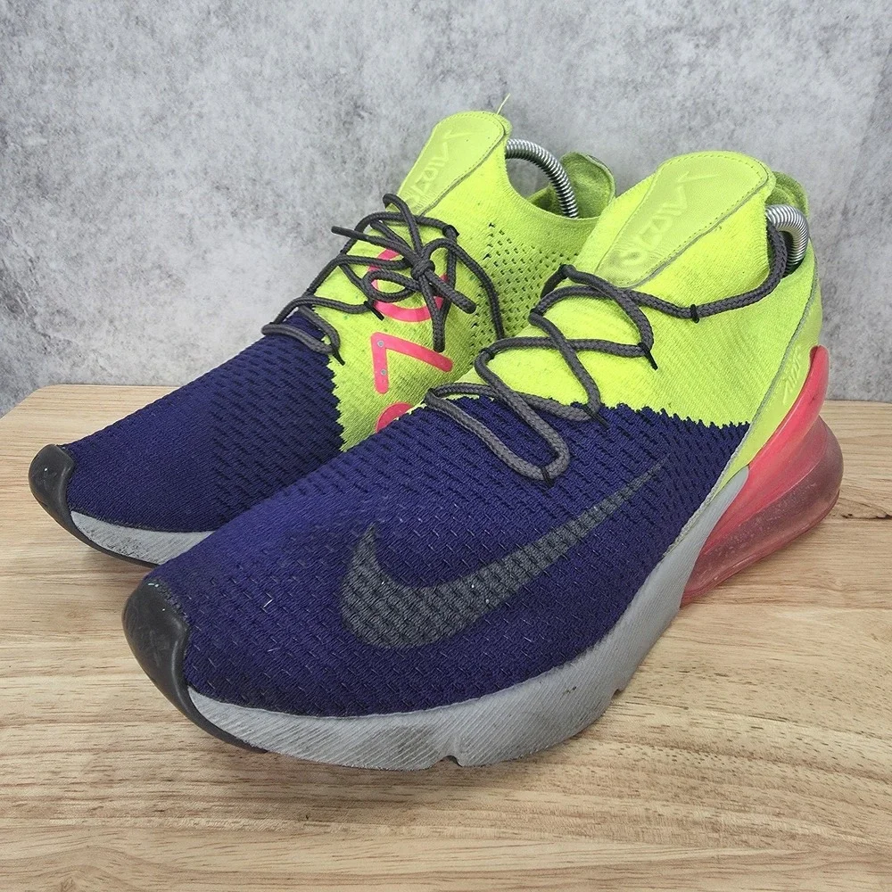 Nike Air Max 270 Flyknit Running Shoes Men 9.5 Regency Purple Volt Pink Sneakers